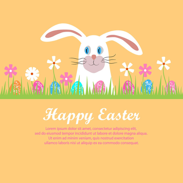 Buona Pasqua. Poster con un coniglio bianco nell'erba con uova di Pasqua. Biglietto d'auguri, pubblicità, invito alla caccia per bambini. La testa di un simpatico coniglietto pasquale. Illustrazione del fumetto piatto
 - Vettoriali, immagini