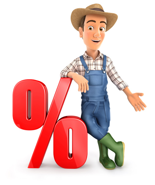 3d farmer leaning against percent sign - Photo, Image