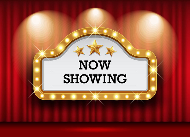 Cine Teatro y el cartel iluminan las cortinas de fondo de diseño rojo, vector de ilustración
 - Vector, imagen
