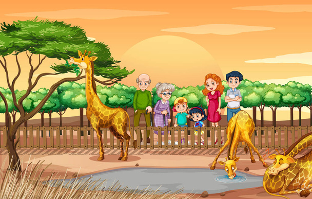 Сцена, где люди смотрят на жирафов в зоопарке
 - Вектор,изображение