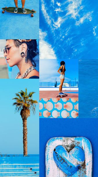 Fashion aesthetic moodboard.  Summer time. Blue sea vibes - Fotoğraf, Görsel