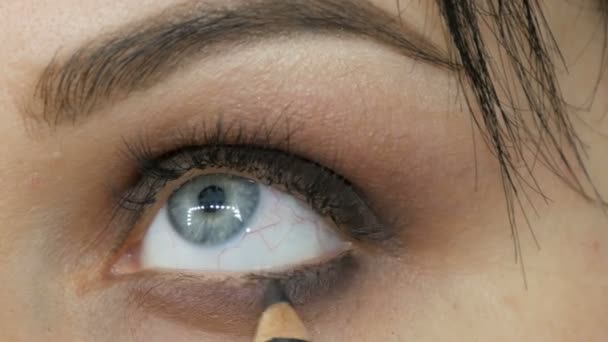 A special gray brush or pencil for eye makeup applies eye shadow on lower eyelid - Footage, Video