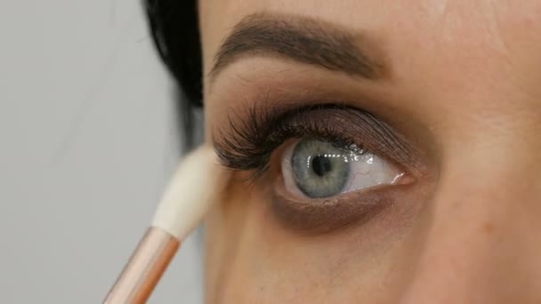 Maquiagem profissional dos olhos. Artista de maquiagem estilista aplica maquiagem para mulher jovem com um pincel especial em um salão de beleza
 - Filmagem, Vídeo