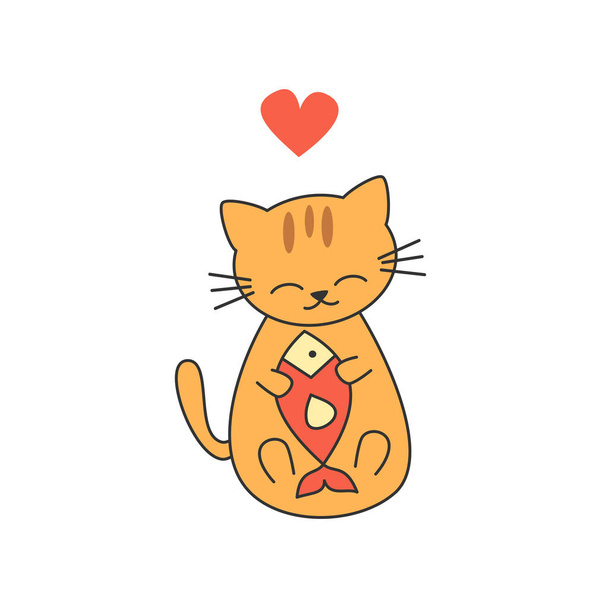schattig cartoon gelukkig kitten met een rode vis bal grappig vector illustratie - Vector, afbeelding