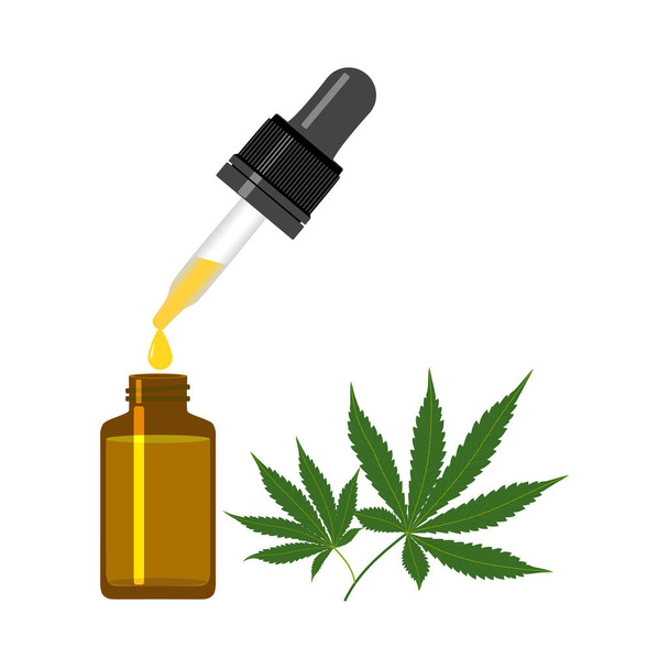 Cannabis oil bottle and green medical marijuana leaves isolated  - Vektor, kép