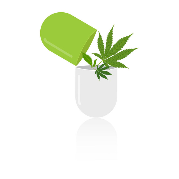 CBD capsules and green medical marijuana leaves isolated on whit - Vektor, kép