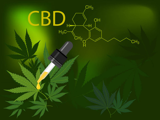 CBD huile de chanvre avec feuilles de marijuana médicale verte sur vecteur foncé
  - Vecteur, image