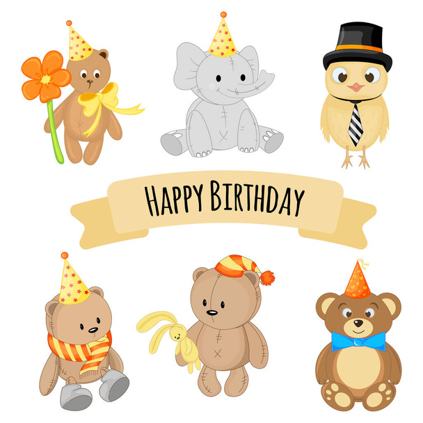 Birthday set of cute animals for holiday card or invitation. Cartoon style. Vector illustration. - Vektör, Görsel