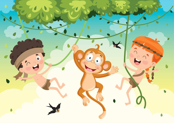 Ormanda Maymunla Sallanan Mutlu Çocuklar - Vektör, Görsel