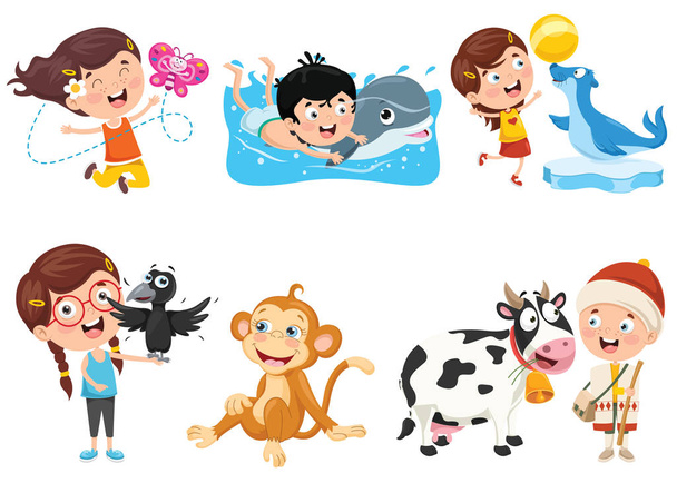 Children Playing With Funny Animals - Vector, Image