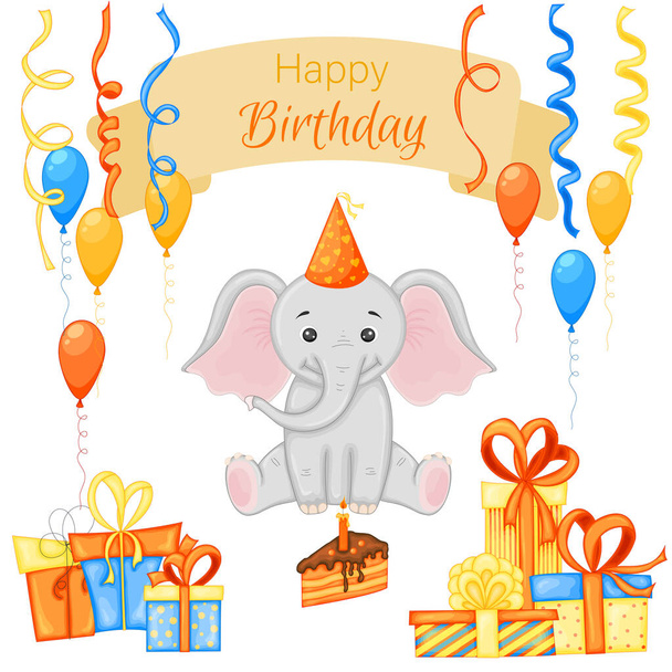 Party set with elephant and colorful items on a white background. Inscription "Happy Birthday". Multicolored. Vector. - Vektor, kép