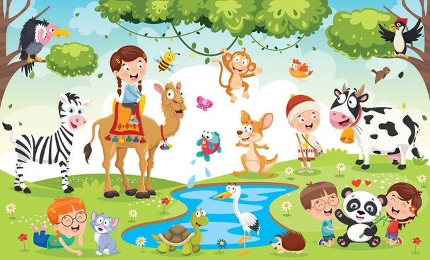 面白い動物と遊ぶ子供たち - ベクター画像