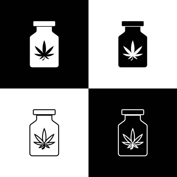 Állítsa orvosi palack marihuána vagy cannabis levél ikon izolált fekete-fehér alapon. Kannabiszolaj kivonatok üvegekben. Vektorillusztráció - Vektor, kép