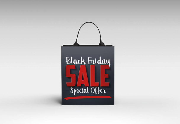 Black Friday Shopping Concept: Black Shopping Bag On light grey  - Foto, imagen