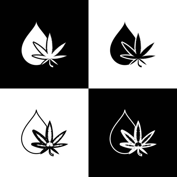 Set Icono de gota de marihuana medicinal o aceite de oliva de hoja de cannabis aislado sobre fondo blanco y negro. Extracto de cannabis. Un símbolo de cáñamo. Ilustración vectorial - Vector, imagen