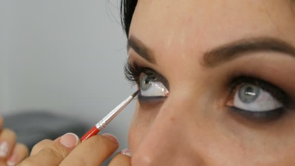 Profesjonalny makijaż oczu. Stylista makijaż artysta stosuje makijaż do młodej kobiety ze specjalnym pędzlem w salonie piękności - Materiał filmowy, wideo