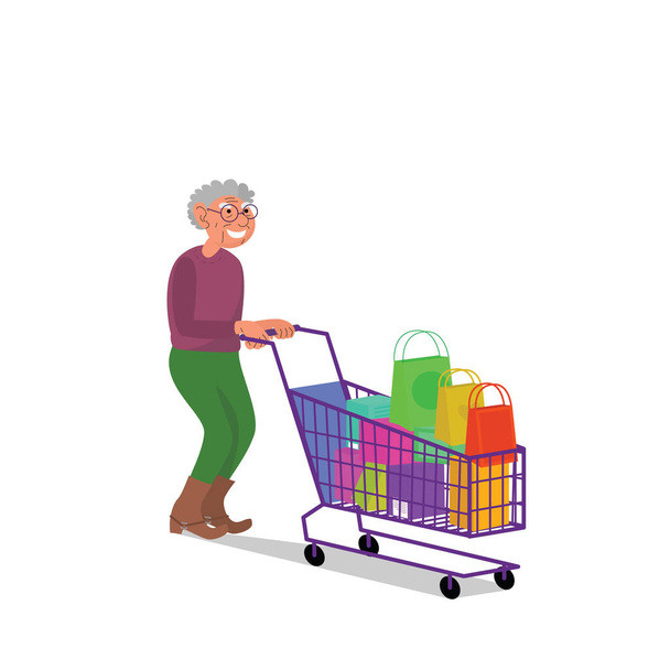 Caucasian elderly retired man walking with empty shopping cart. Flat style stock vector illustration, isolated on white background - Vektori, kuva