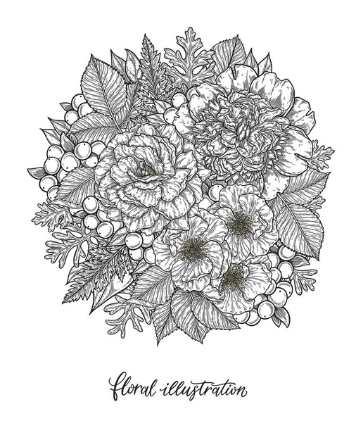 Ramo de flores de rosas y peonías dibujado a mano en líneas. Blanco y negro elementos garabatos gráficos monocromáticos. Ilustración vectorial aislada, página para colorear o plantilla de tarjeta de invitación
 - Vector, imagen