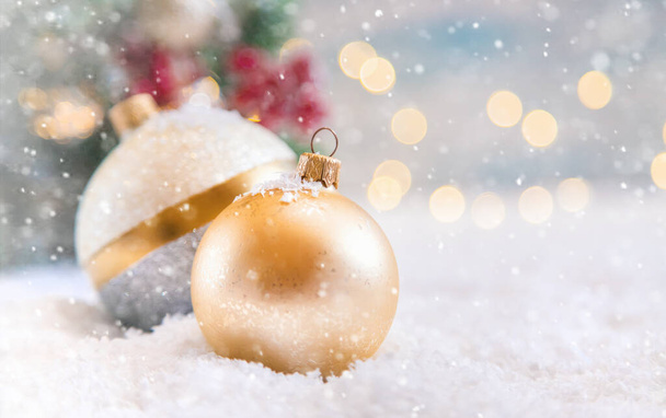 Christmas tree background greeting card with beautiful decor. Selective focus. - Фото, зображення