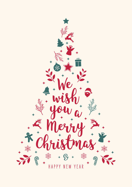 Χριστουγεννιάτικο δέντρο χαιρετισμό κείμενο καλλιγραφία με εικονίδιο στοιχεία στολίδι μπεζ φόντο - Διάνυσμα, εικόνα