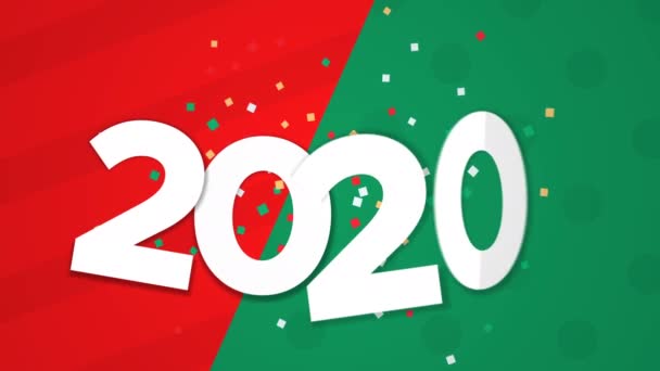 Happy New Year 2020 animation, papercut with baubles, gift and holiday pine tree. Paper craft video greeting card of calendar number for eve party, 4k xmas footage fade out to black background. - Video