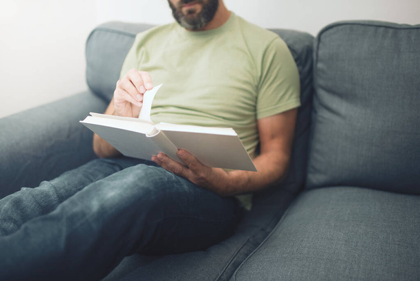 barbudo caucasiano homem relaxante no sofá lendo um livro
 - Foto, Imagem