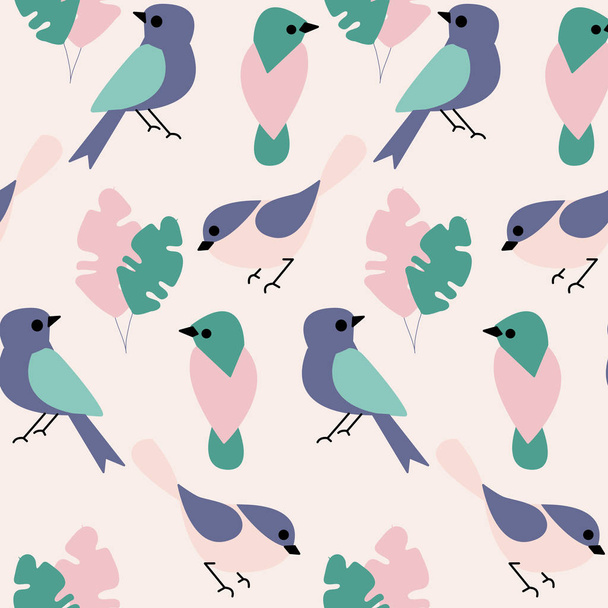 Colorful birds and leaves in a seamless pattern design - Vector, Image
