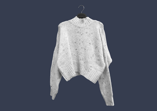 White female Flecked knit sweater with long sleeves on a hanger isolated on blue background. Autumn and winter clothes. Composition of clothes. Flat lay, top view, copy space. Winter clothes pattern - Fotoğraf, Görsel