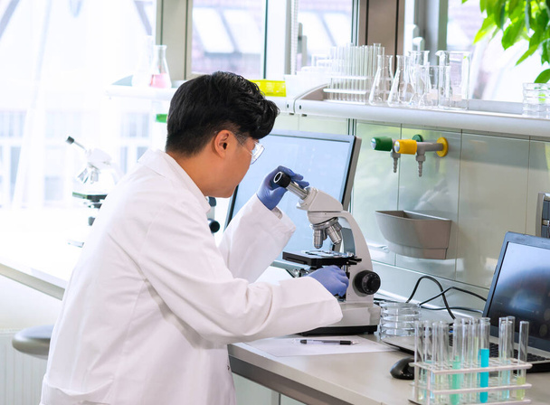 Asian scientist working in lab. Doctor making microbiology research. Laboratory tools: microscope, test tubes, equipment. Biotechnology, chemistry, bacteriology, virology dna and health care concept - Foto, Imagen