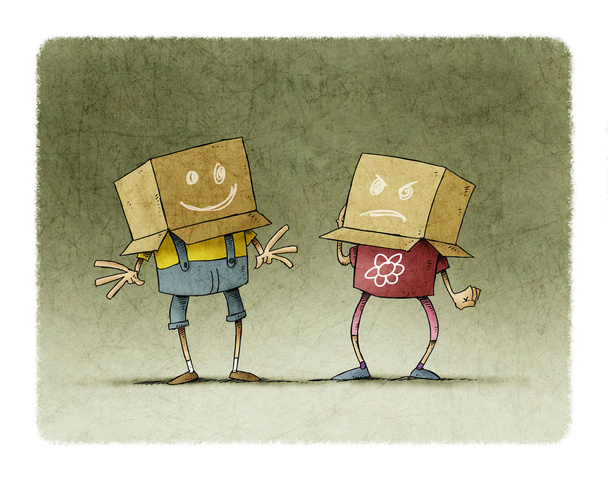 Couple of children with a box on the head, a box has a cheerful face and the other an angry face. Concept of joy and anger - Photo, Image