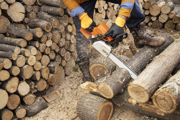 Kettensäge im Einsatz beim Holzschneiden. Mann schneidet Holz mit Säge, Staub - Foto, Bild