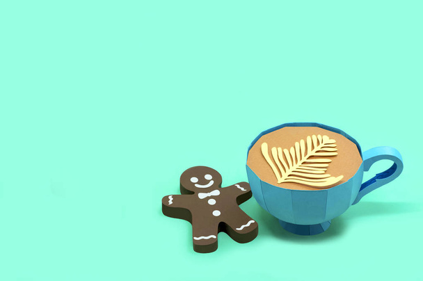 Paper cup with hot chocolate and Christmas gingerbread man  - Photo, Image
