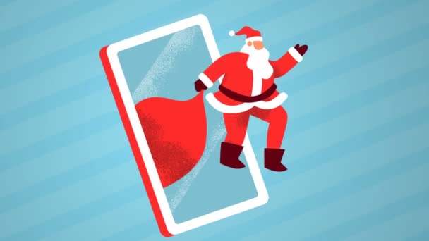 Fröhliche Weihnachtsanimation eines Weihnachtsmannes, der mit Handy und Winterschneeflocke auf leerem Kopierraum grüßt. Urlaubsvorlage für Grafikkarte, schleifenfähiges 4k Xmas Filmmaterial. - Filmmaterial, Video