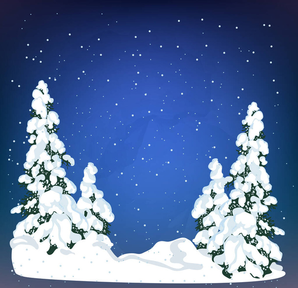 Snow xmas tree on holiday night background. Winter evergreen christmas tree pine. Realistic fir tree in the snow, winter forest. Christmas trees background. New Year background for design of postcard - Vecteur, image