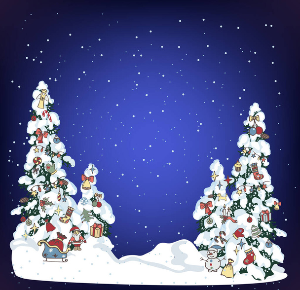 Снежная елка на фоне праздничной ночи. Зимой вечнозеленая елка сосна с украшенными елочными игрушками в зимнем лесу. Рождественские елки фон. Новогодний фон для дизайна
 - Вектор,изображение