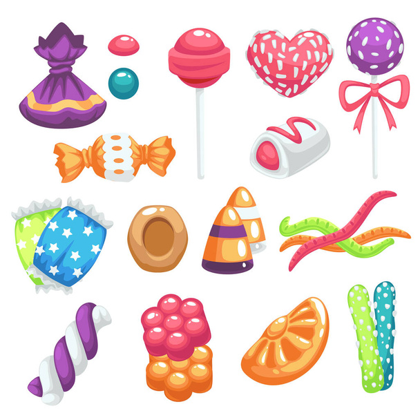 Candies and sweets, bonbons and jelly, marshmallow and lollipop isolated icons - Vektor, Bild