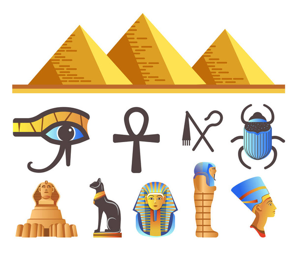 Egyptian Pyramids and Pharaohs, Egypt symbols and landmarks isolated icons - Vector, Image