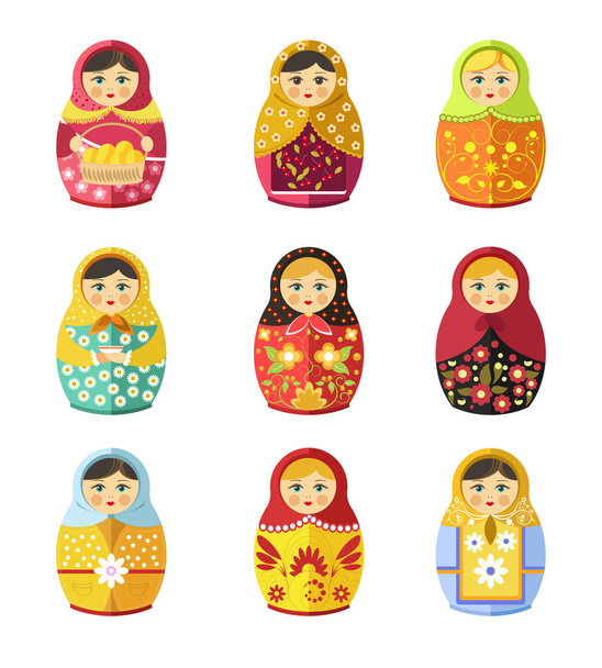 Matryoshka toy, Russian symbol or souvenir isolated icons - Διάνυσμα, εικόνα