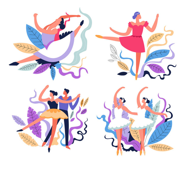 Ballerinas and ballet dancing, stage performance and dance class, isolated icons - Vektor, Bild
