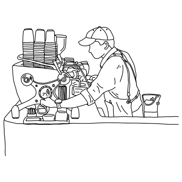 Молодой бариста мужчина стоя перед прилавком с кофеваркой в кафе векторные иллюстрации эскиз руки нарисованы черными линиями изолированы на белом фоне
 - Вектор,изображение