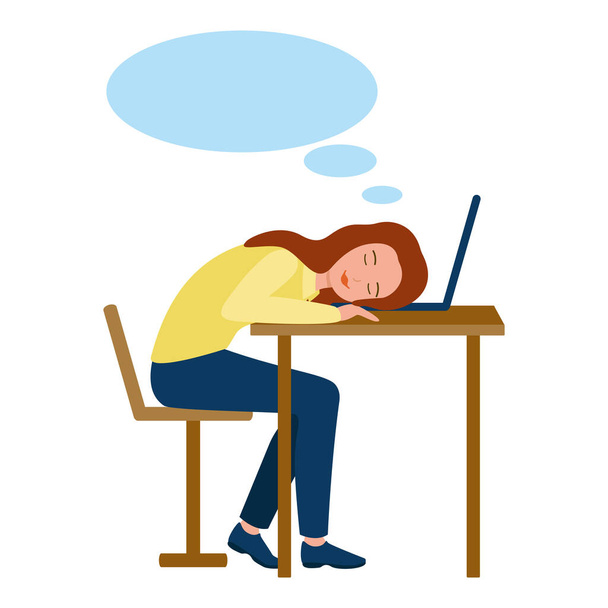 Meisje slaapt lekker op het werk op laptop, spraakzeepbel. Vermoeidheid, stress, slaperigheid, verveling. Vectorillustratie - Vector, afbeelding