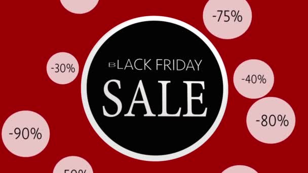 Black Friday Sale sinal de animação, vídeo de promoção. Letras brancas dentro de um círculo preto isolado em um fundo vermelho. Conceito para venda e apuramento com até 90% de desconto
.  - Filmagem, Vídeo