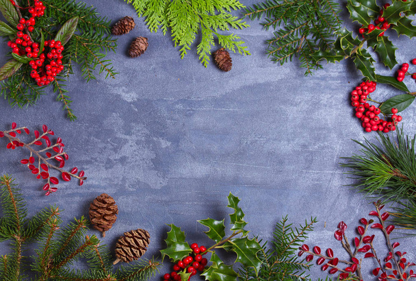 Layout made of Christmas tree branches, red berries and pine cones. Mockup, flat lay. Christmas and New Year winter season concept, copy space - Valokuva, kuva
