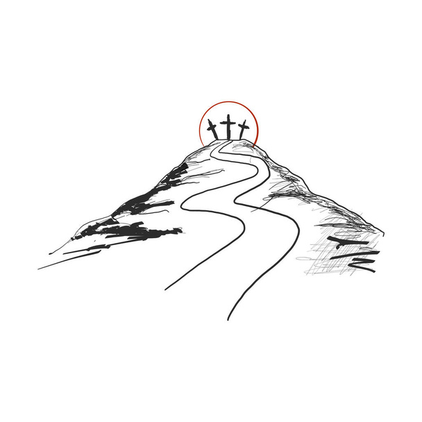 berg met drie kruisen, weg naar Golgotha. vectorillustratie geïsoleerd op witte achtergrond. - Vector, afbeelding