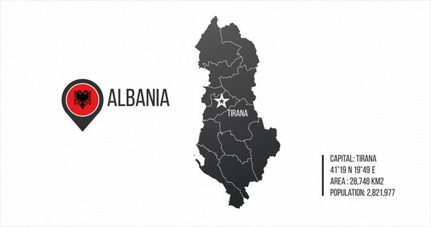 Albania mapa Alta ilustración detallada con Tirana capital estrella, regiones fronteras, población e información de la zona. , ilustración vectorial aislada sobre fondo blanco
. - Vector, Imagen
