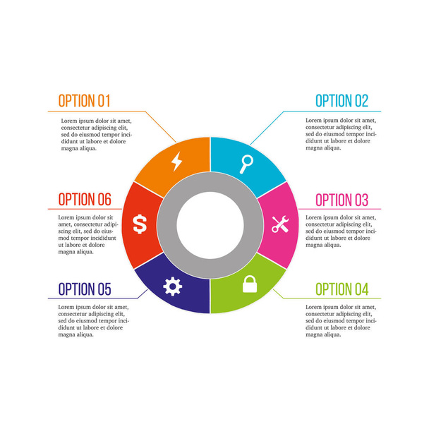 6 opzioni Business Infografica cerchio, sei pezzi cerchio diagramma,, passo presentazione, banner sezione, Illustrazione vettoriale
 - Vettoriali, immagini
