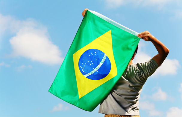 Brasil apoiante segurando uma bandeira
 - Foto, Imagem