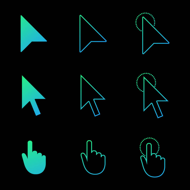 Mauszeiger-Icon-Set, Pfeil und Hand im modernen Farbverlauf-Stil. Klicken und Verknüpfen von Websymbolen. Vektor-Illustration isoliert auf schwarzem Hintergrund. - Vektor, Bild