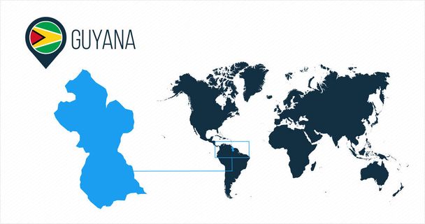 Guyana mapa situado en un mapa del mundo con la bandera y el mapa puntero o pin. Mapa infográfico. Ilustración vectorial aislada sobre fondo blanco
. - Vector, imagen