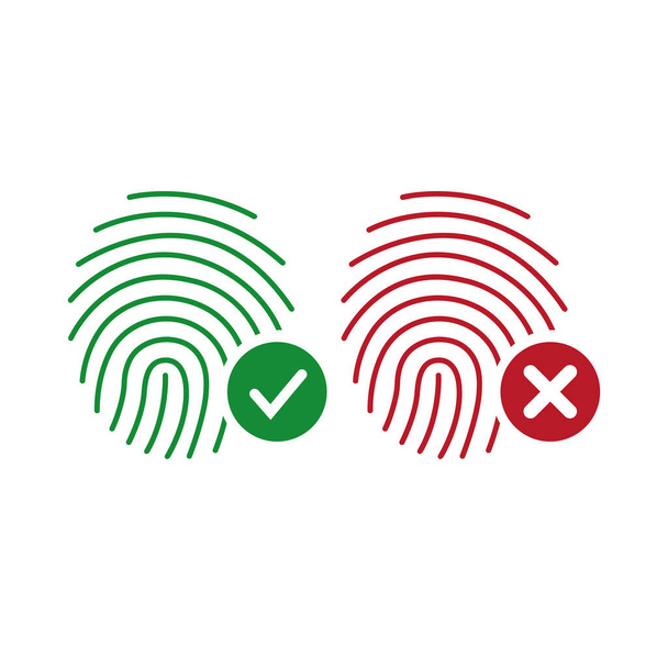 Fingerprint vector icons. Identity finger print or thumbprint set, security biometric symbols. checkmark and cross, accepted and deny scan result. Vector illustration isolated on white background. - Vector, Image